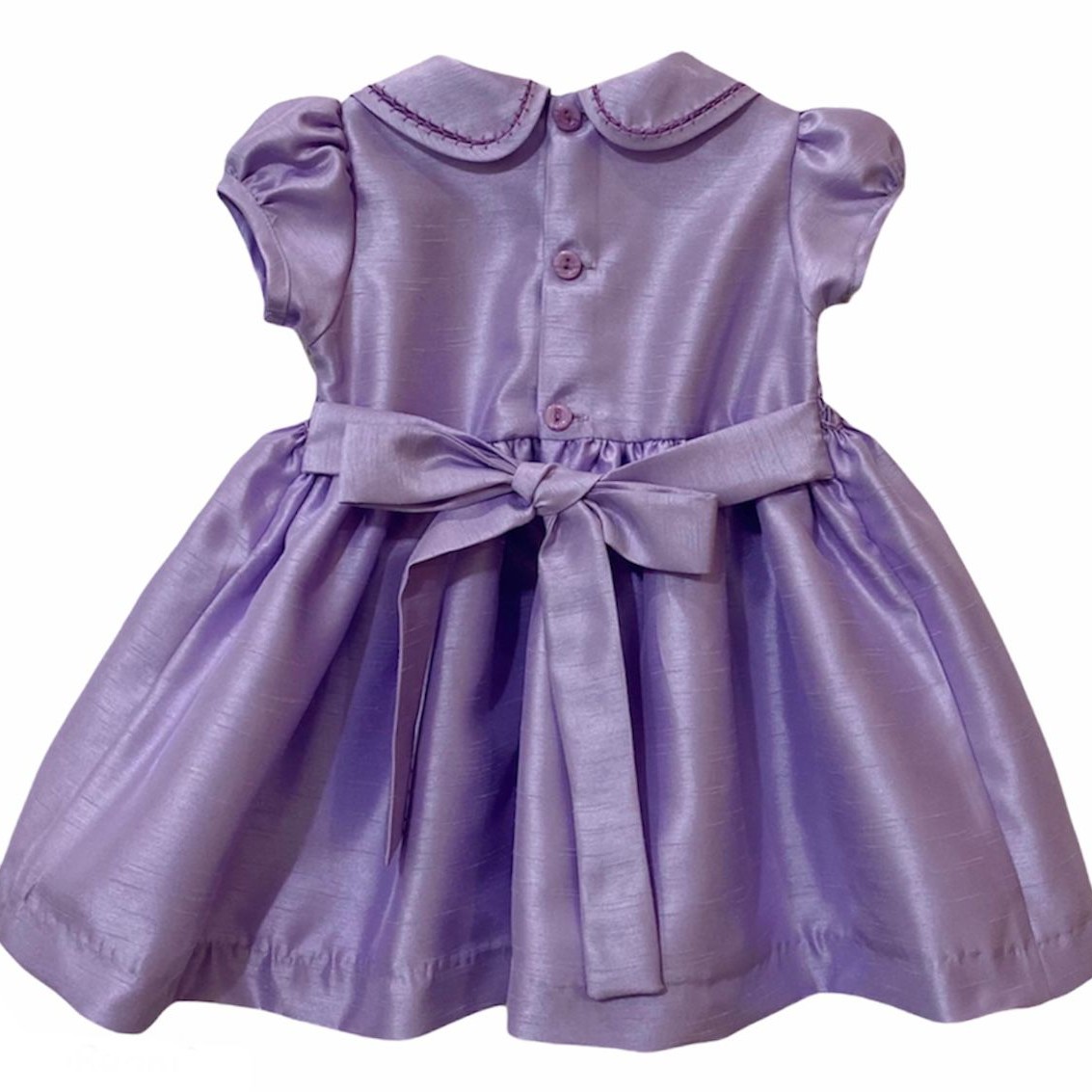 Girl's Dress with Hand Embroidery - Lilac Buttons and Bow at the Waist