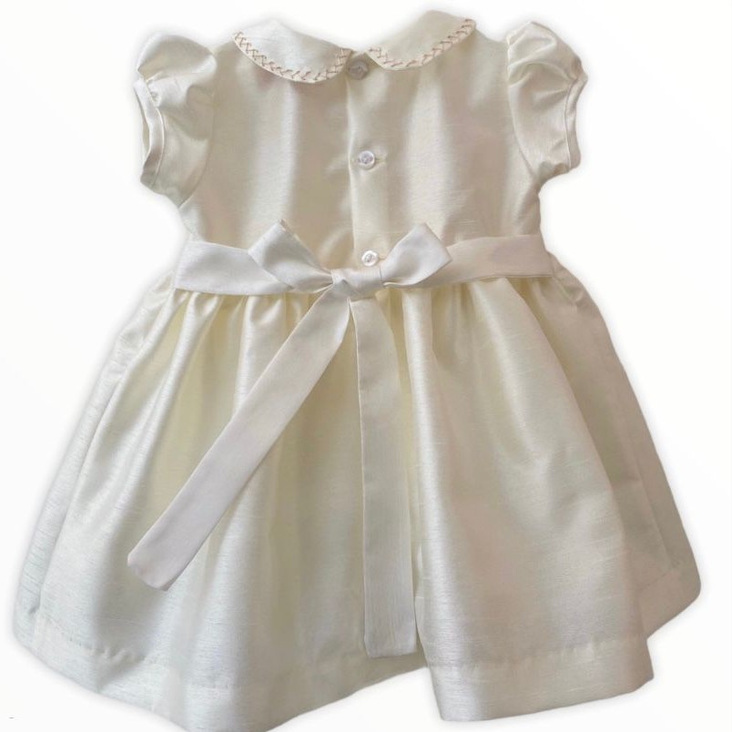 Girl's Dress with Hand Embroidery - Beige Color with White Embroidery