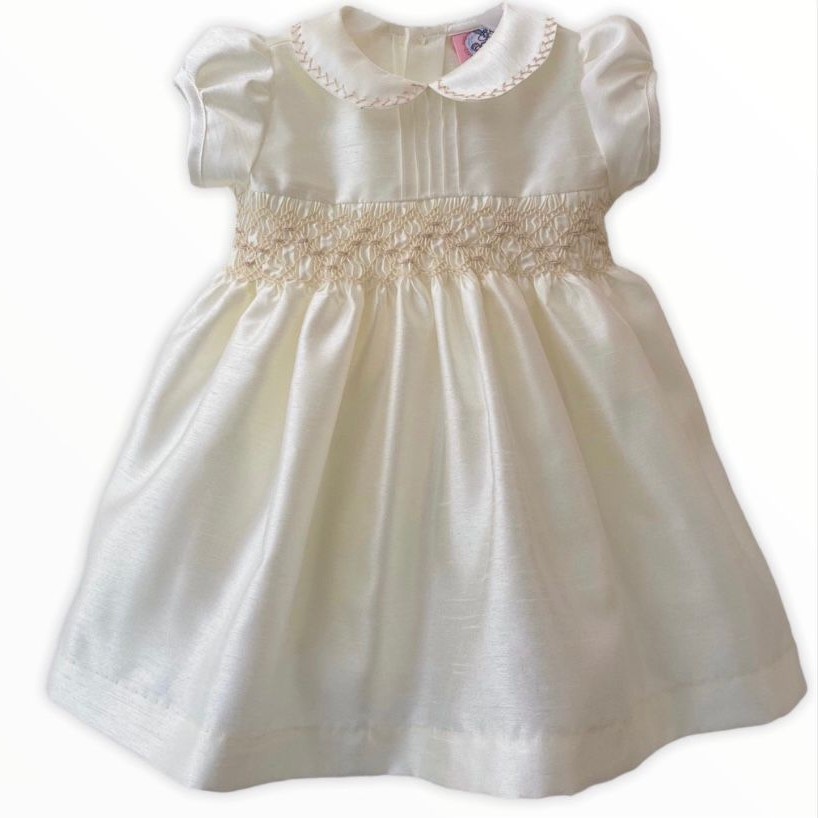 Girl's Dress with Hand Embroidery - Beige Color Embroidered at the Waist