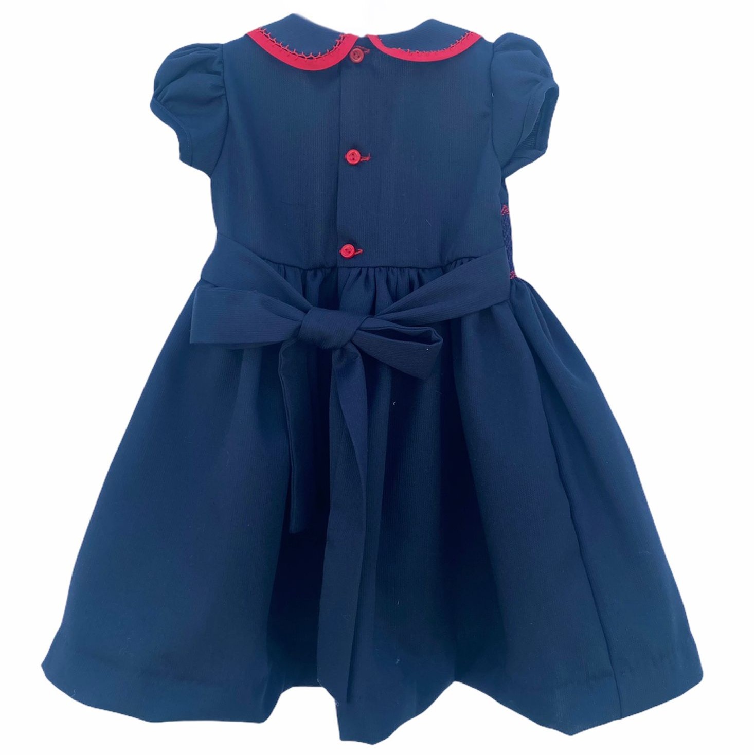 Girl's Dress with Hand Embroidery - Blue Color with Buttons and Red Collar.