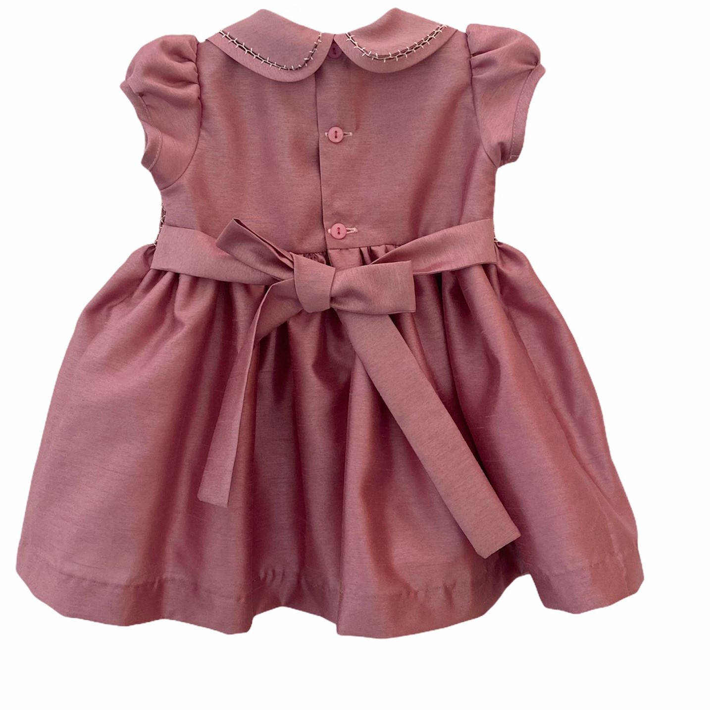 Girl's Dress with Hand Embroidery - Pink Color with Buttons and Bow at the Waist