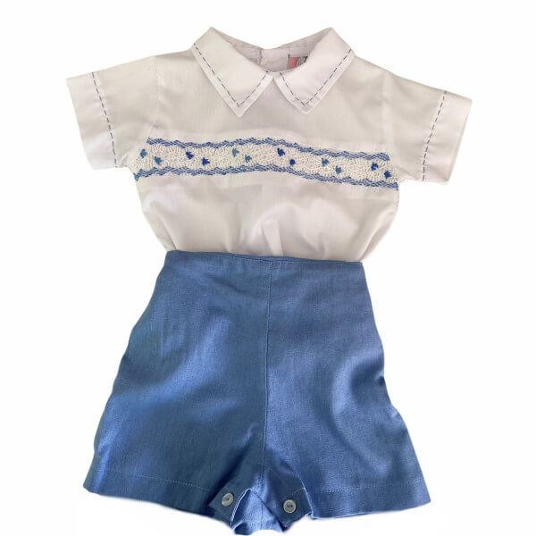 Baby Outfit with Hand Embroidered Poplin Shirt And Linen Bermuda